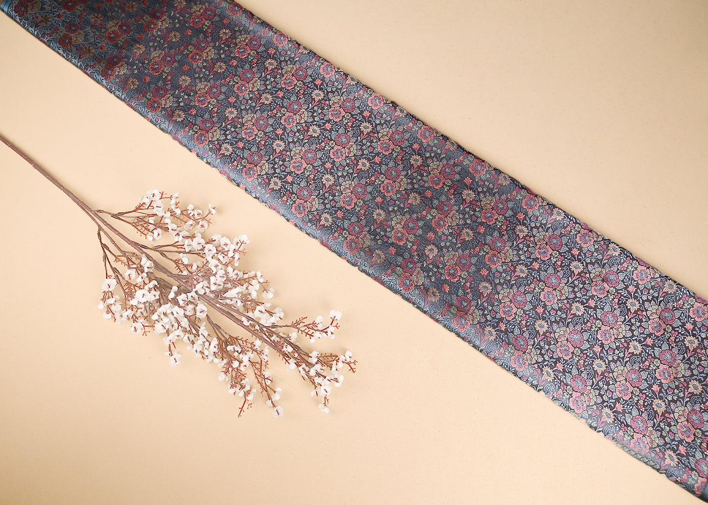 Grey Banarasi Brocade Fabric With All Over Golden Zari Handloom 21297