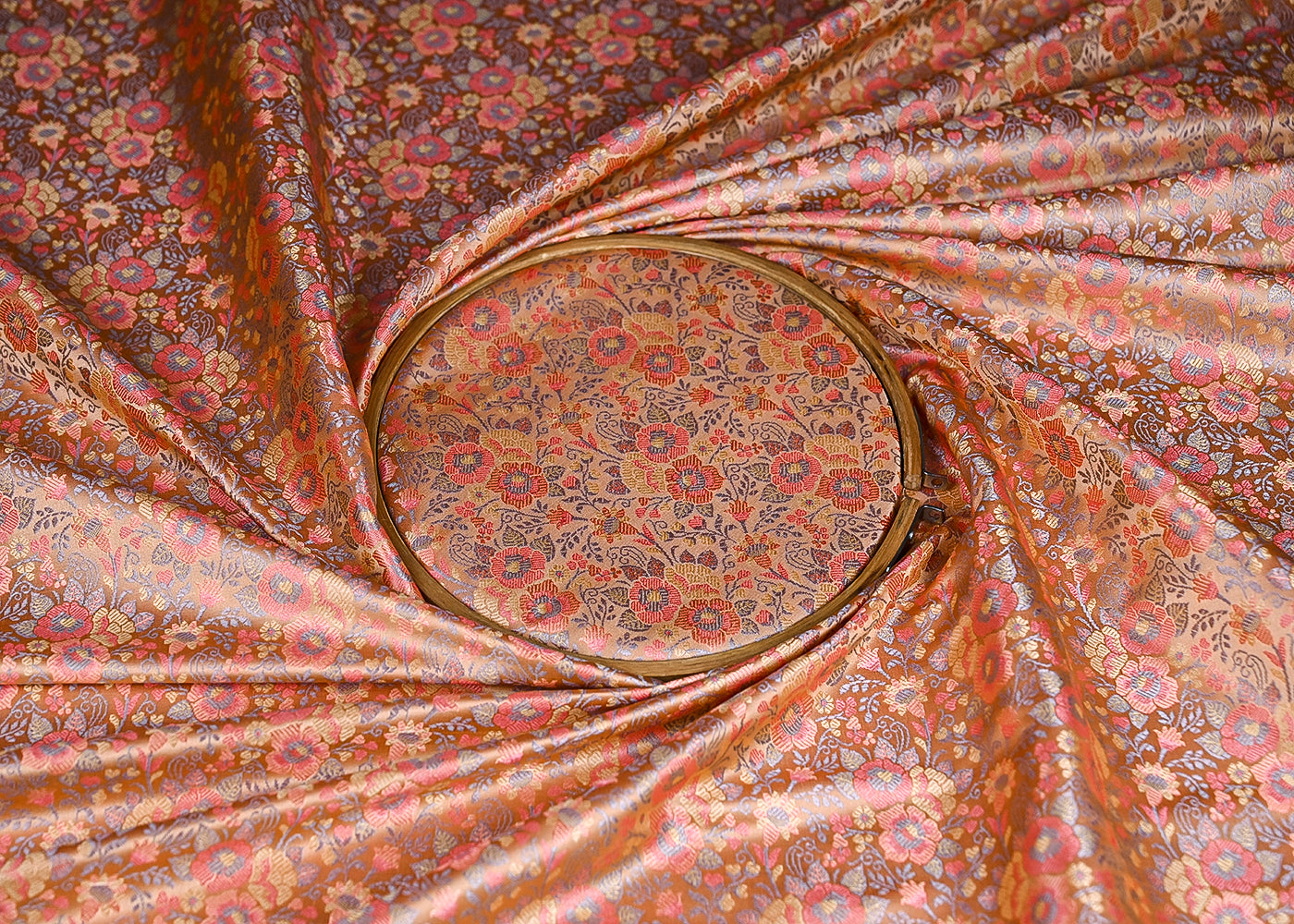 Light Peach Banarasi Brocade Fabric With All Over Thread And Zari Handloom 21299