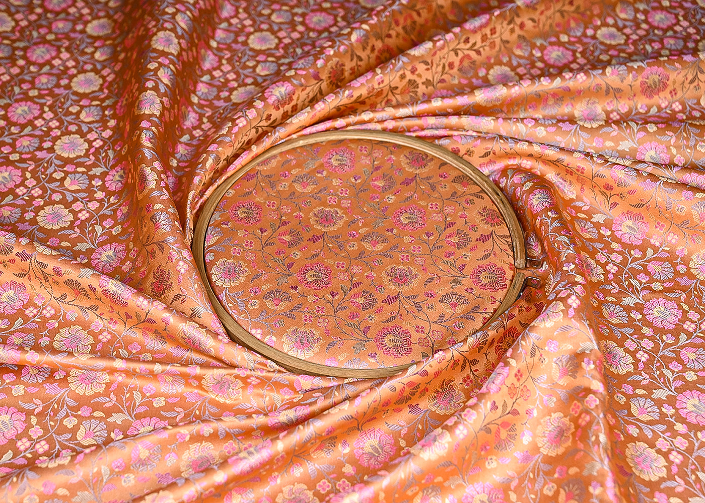 Peach Banarasi Brocade Fabric With All Over Golden Zari Handloom 21300