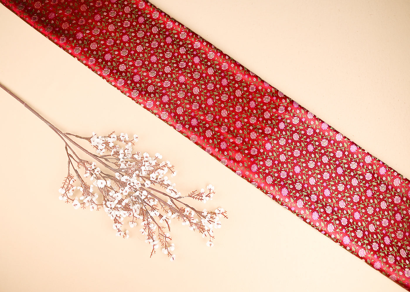 Red Banarasi Brocade Fabric With All Over Thread And Zari Handloom 21304