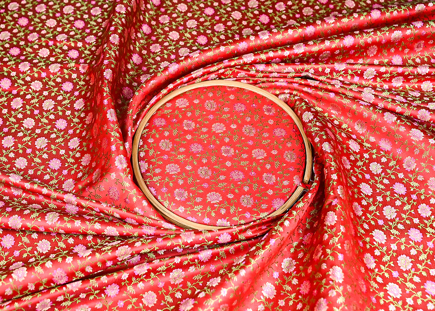 Red Banarasi Brocade Fabric With All Over Thread And Zari Handloom 21304