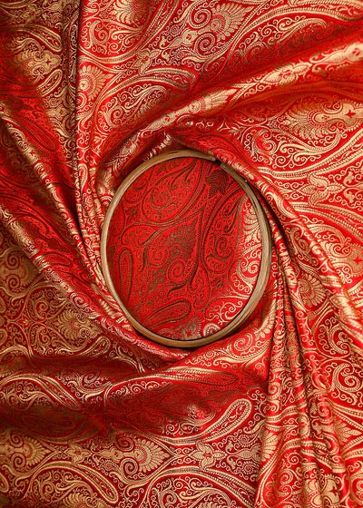 Red Banarasi Brocade Fabric With All Over Golden Zari Handloom 21312