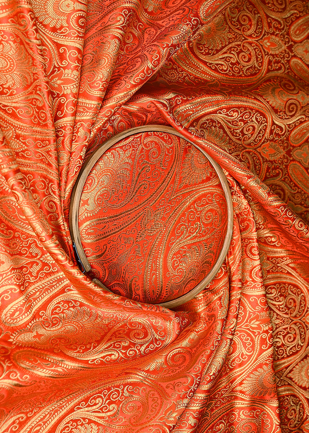 Orange-Banarasi-Brocade-Fabric-With-All-Over-Golden-Zari-Handloom-21314-close-view