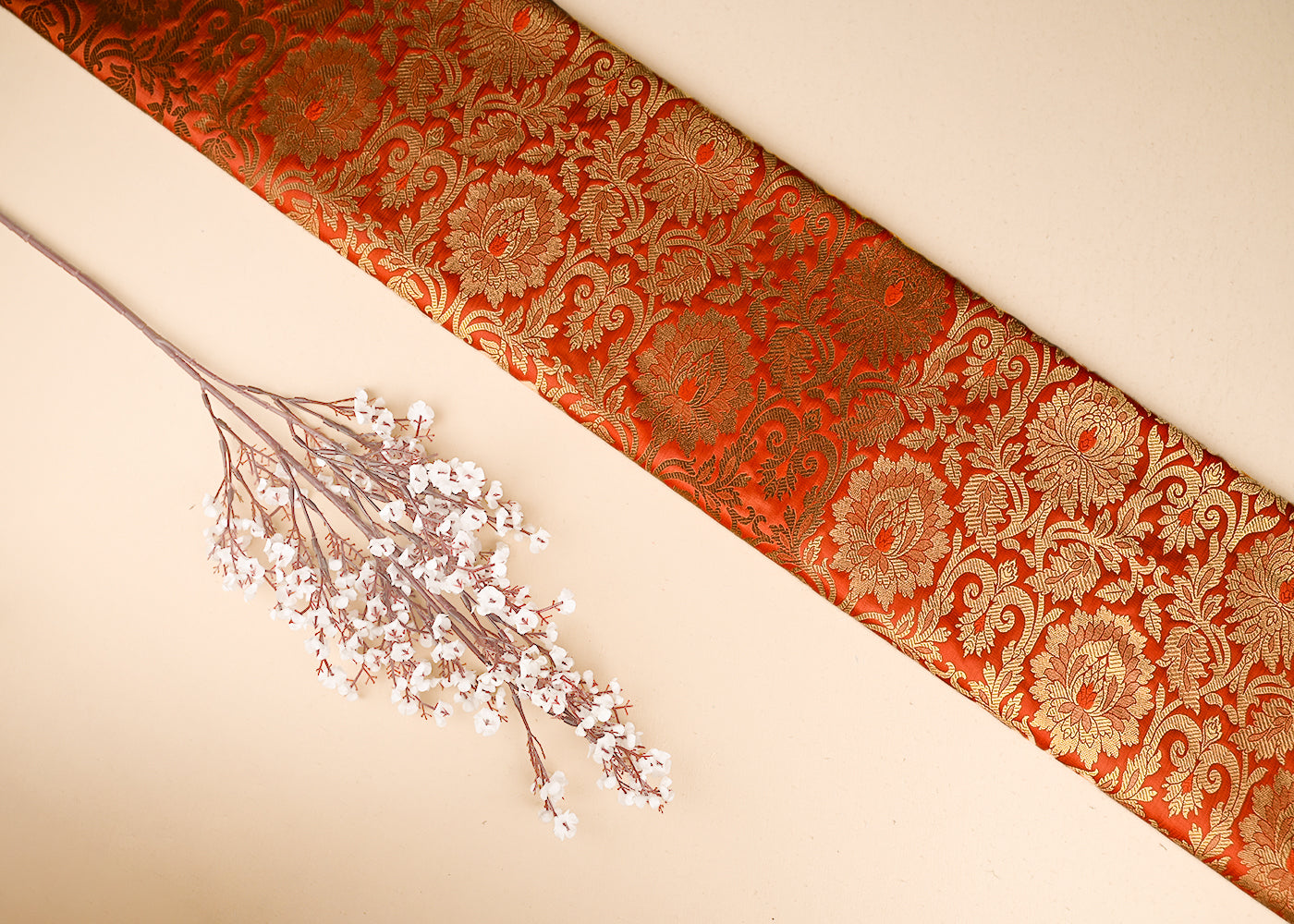 Orange-Banarasi-Brocade-Fabric-With-All-Over-Golden-Zari-Handloom-21333