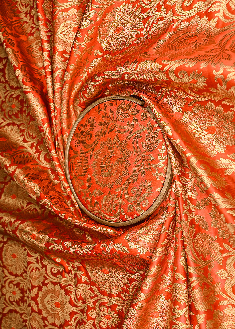 Orange-Banarasi-Brocade-Fabric-With-All-Over-Golden-Zari-Handloom-21333-close-view