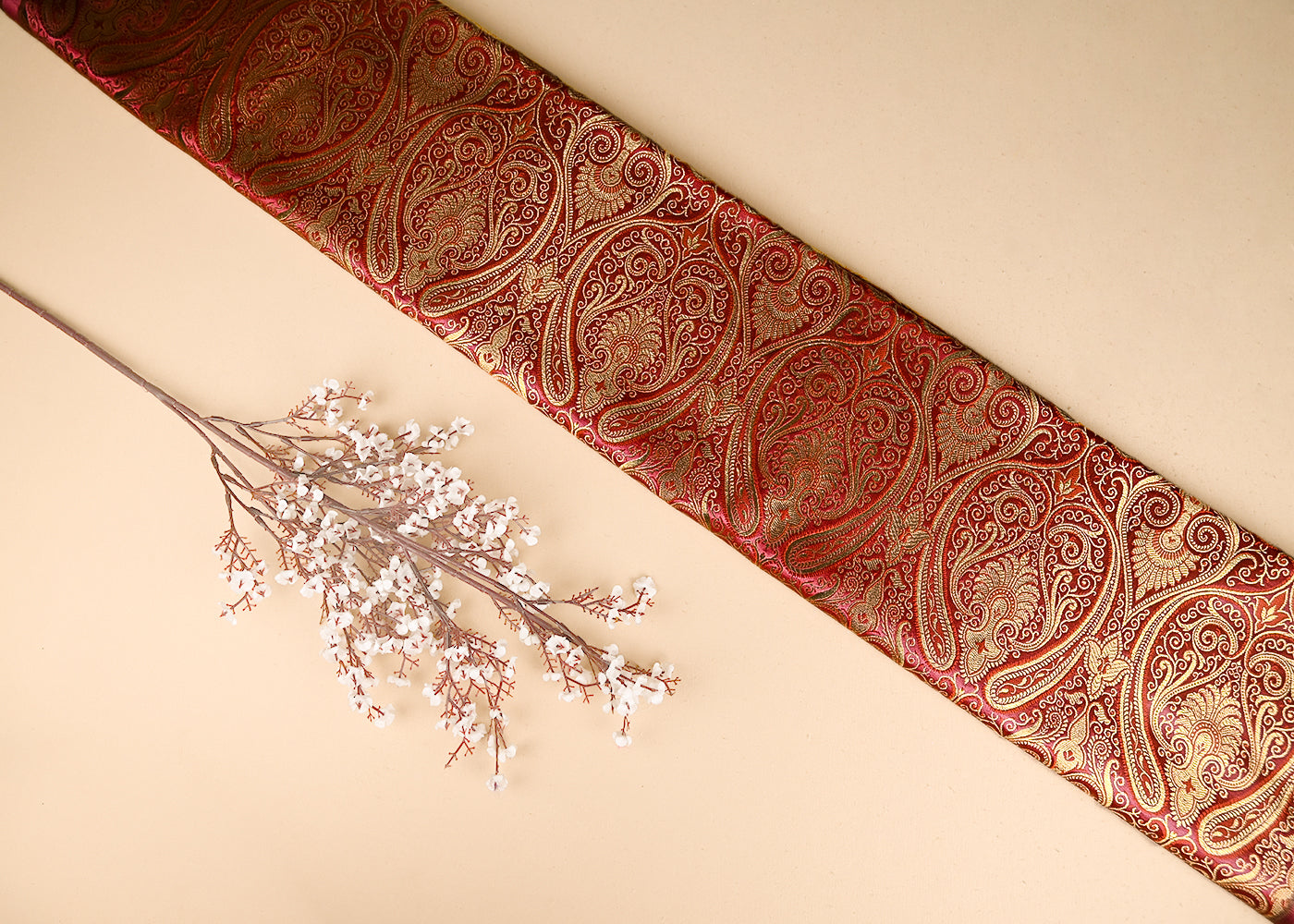 Wine Banarasi Brocade Fabric With All Over Golden Zari Handloom 21338
