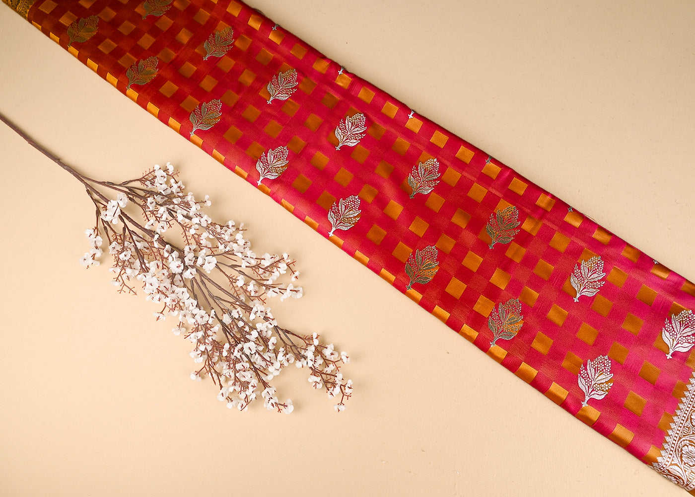 Blush Pink Banarasi Brocade Fabric With All Over Thread And Zari Handloom 21352