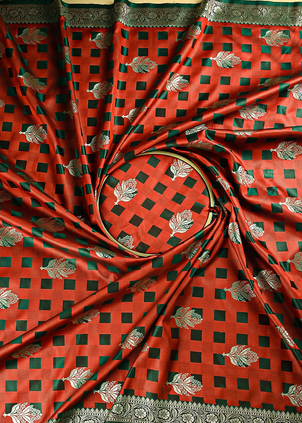 Deep Red Banarasi Brocade Fabric With All Over Thread And Zari Handloom 21355