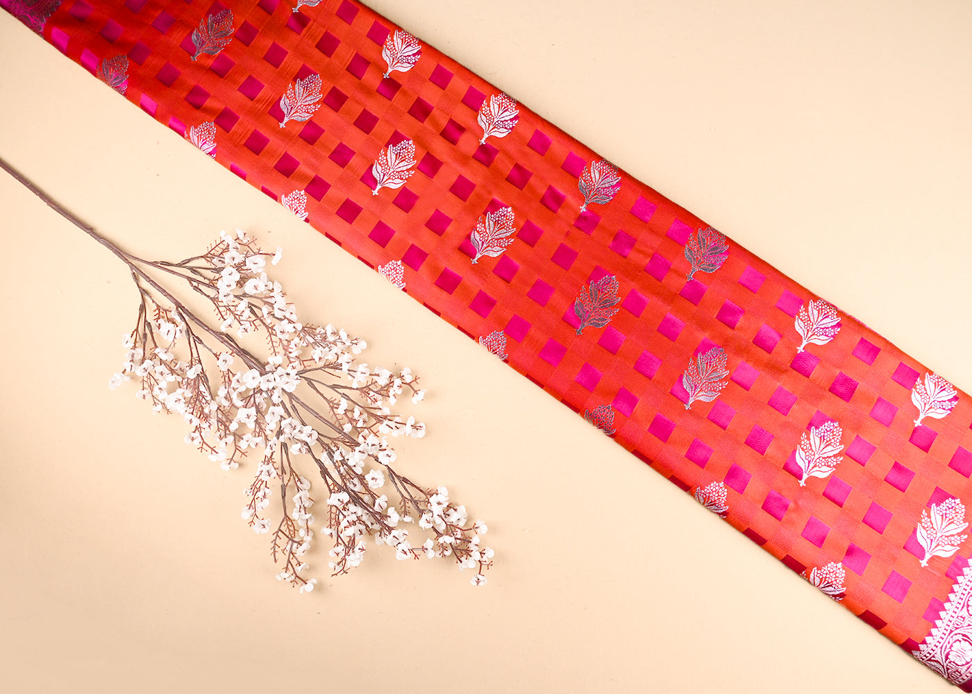 Red Banarasi Brocade Fabric With All Over Thread And Zari Handloom 21357