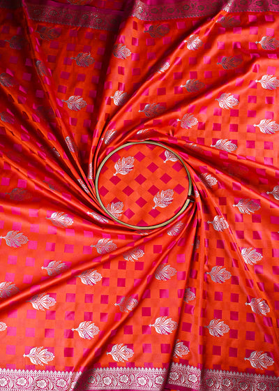 Red Banarasi Brocade Fabric With All Over Thread And Zari Handloom 21357