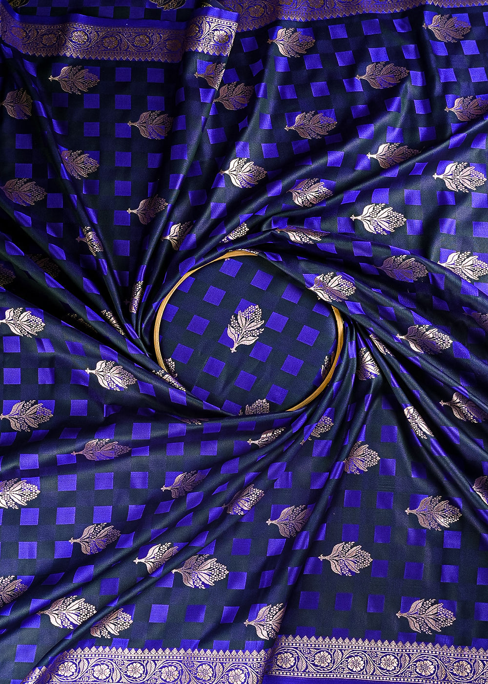 Navy Blue Banarasi Brocade Fabric With All Over Thread And Zari Handloom 21358