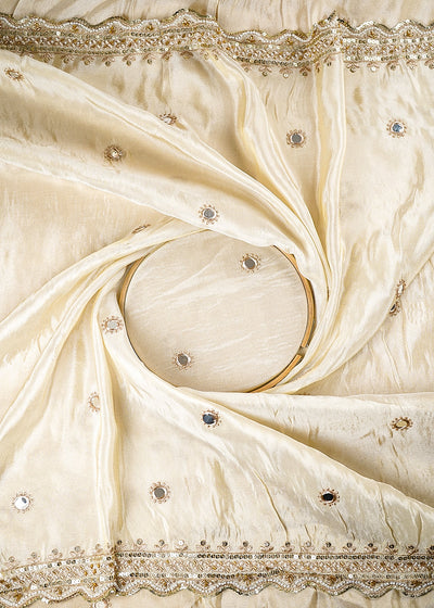 The Noor - Golden Dyeable Tissue Dupatta Fabric With All Over Faux Mirror, Sequins And Katdana Work With Two Side Scalloped Border | 21386