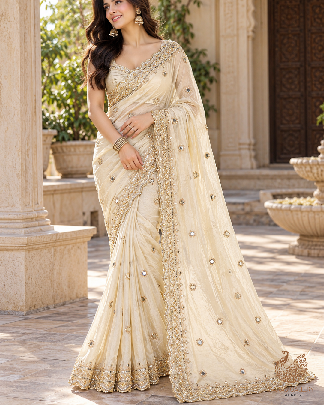 The Noor - Golden Dyeable Tissue Dupatta Fabric With All Over Faux Mirror, Sequins And Katdana Work With Two Side Scalloped Border | 21386