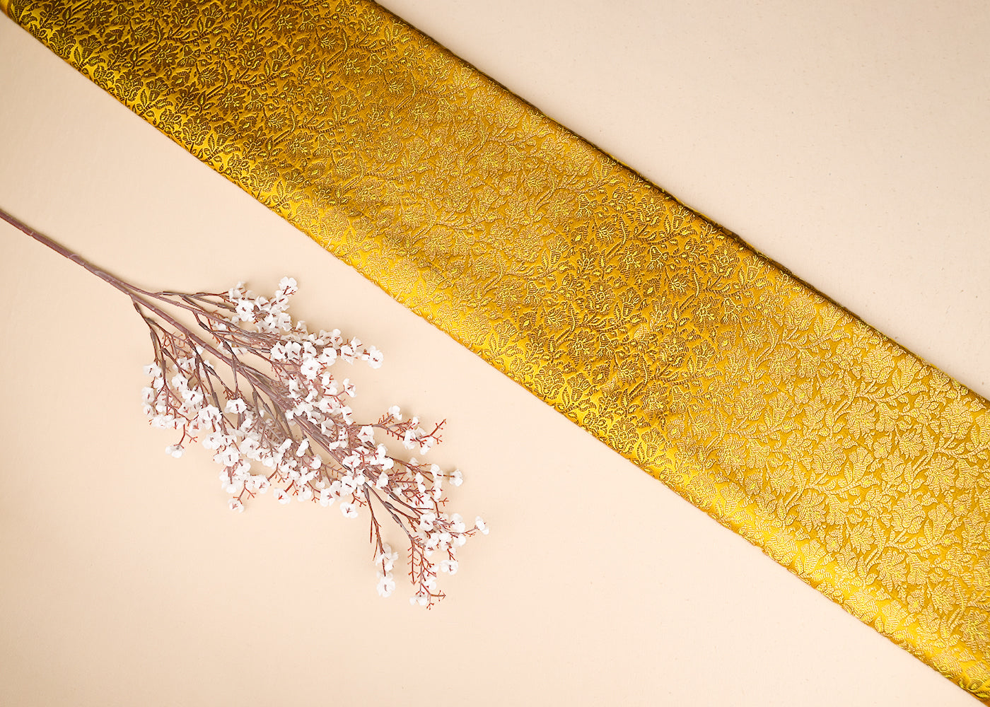 Yellow Banarasi Brocade Fabric With All Over Golden Zari Handloom 21402