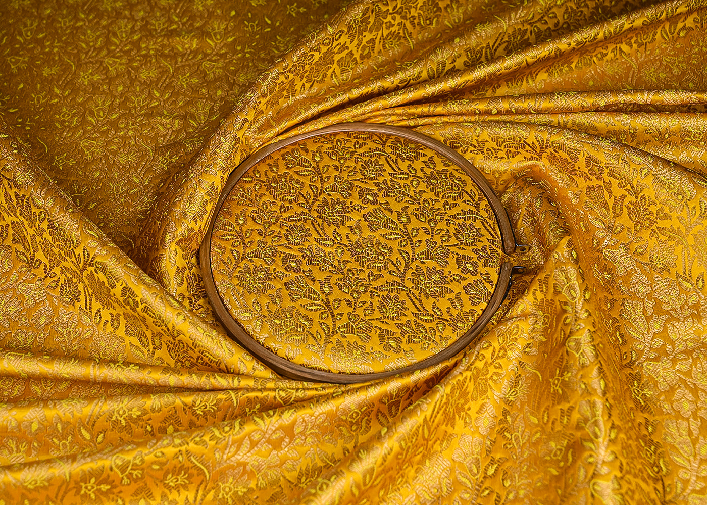 Yellow Banarasi Brocade Fabric With All Over Golden Zari Handloom 21402