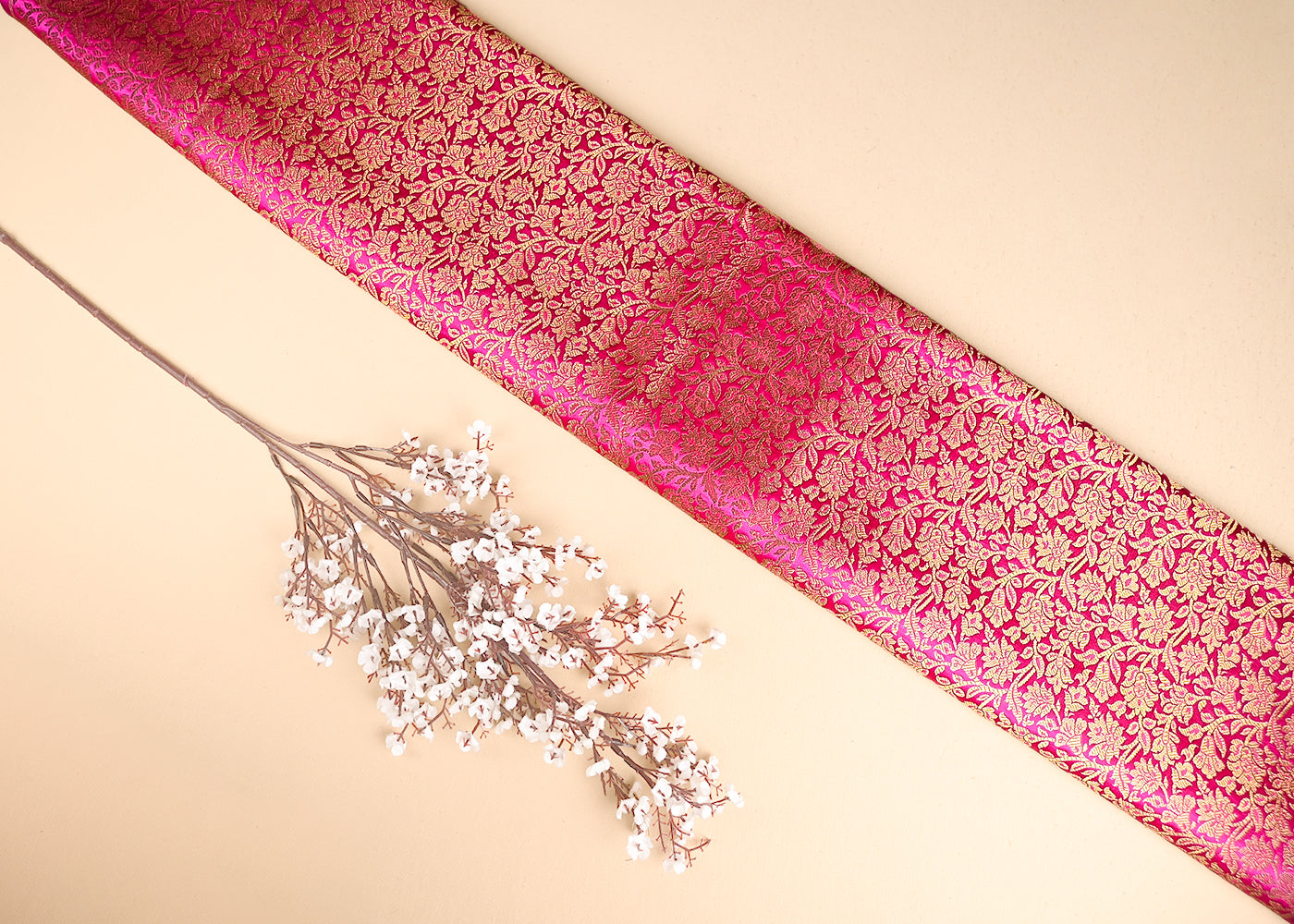 Rani Pink Banarasi Brocade Fabric With All Over Golden Zari Handloom 21404