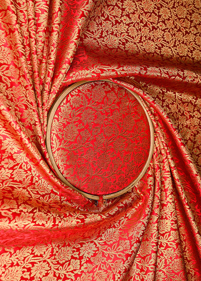 Red Banarasi Brocade Fabric With All Over Golden Zari Handloom 21405