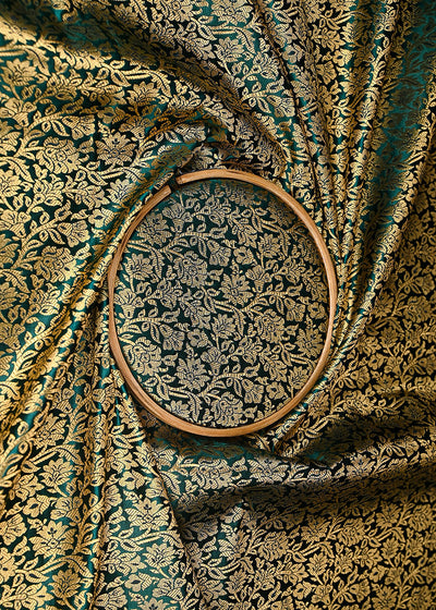 Bottle Green Banarasi Brocade Fabric With All Over Golden Zari Handloom 21406