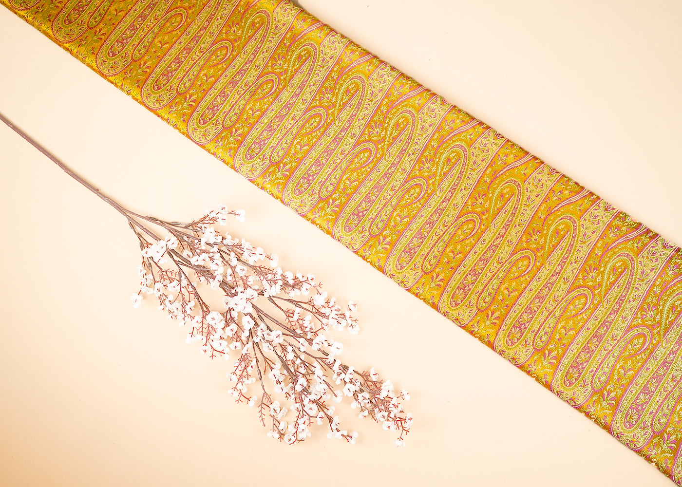 Mustard Banarasi Brocade Fabric With All Over Thread And Golden Zari Handloom 21416