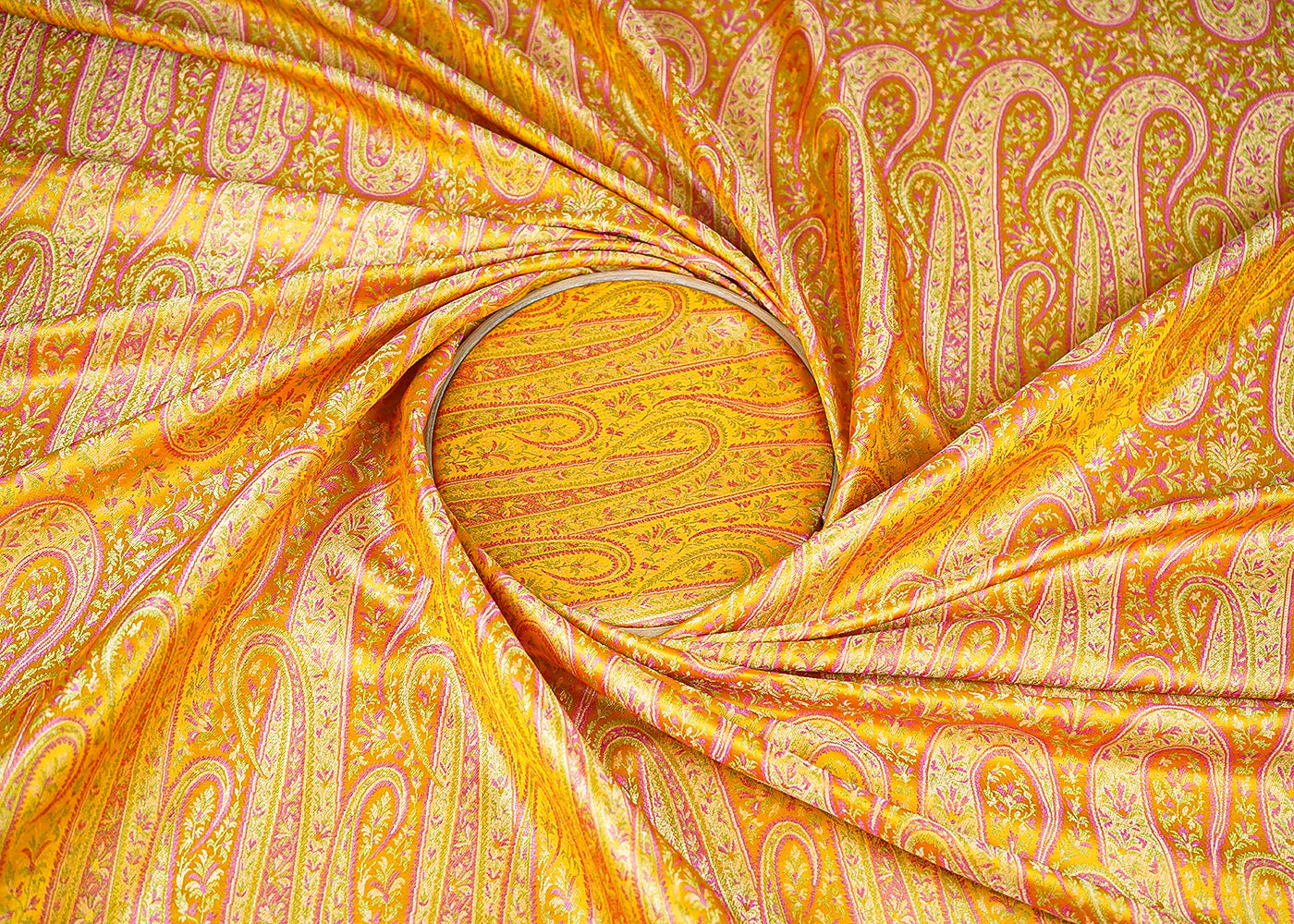 Mustard Banarasi Brocade Fabric With All Over Thread And Golden Zari Handloom 21416