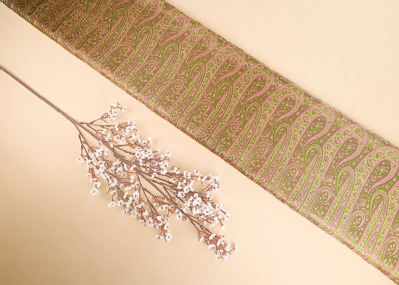 Cream Banarasi Brocade Fabric With All Over Thread And Zari Handloom 21419