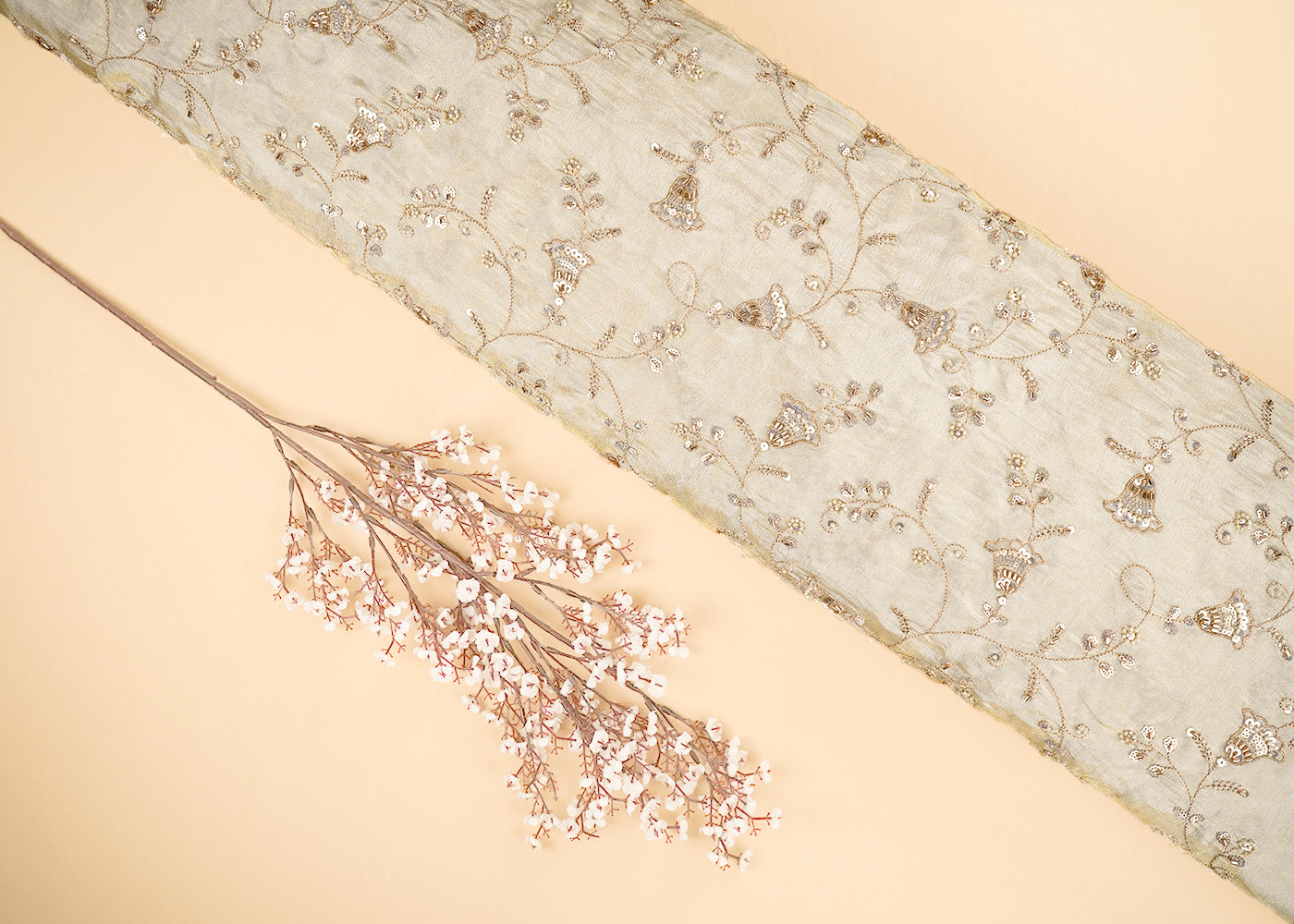 Golden Dyeable Tissue Fabric With All Over Zari, Sequins, Katdana And Beads Work 21436