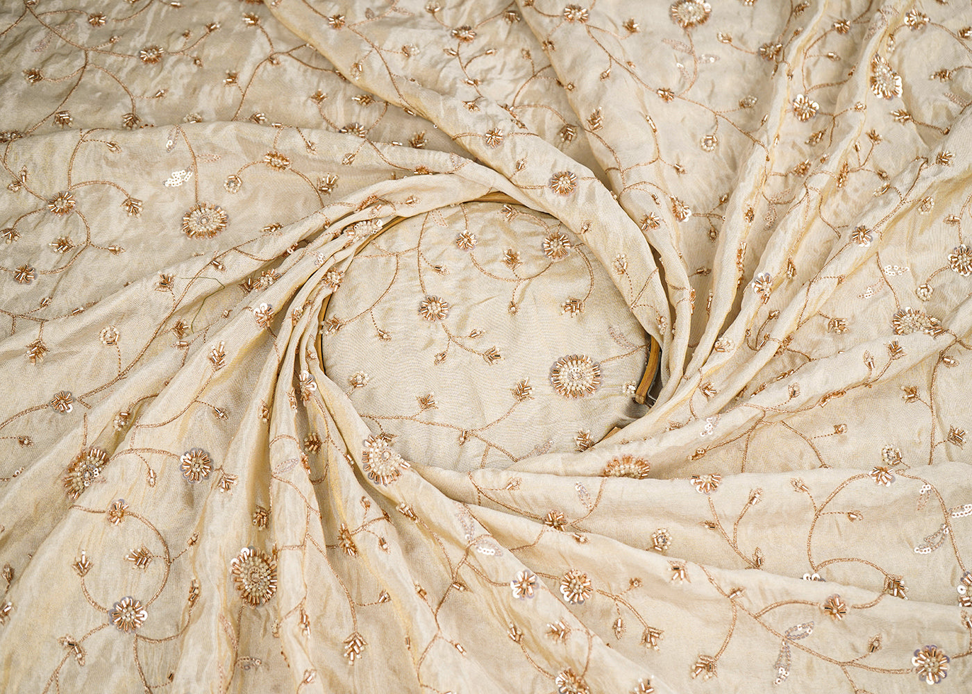 Golden Dyeable Tissue Fabric With All Over Zari, Sequins, Katdana And Beads Work 21438