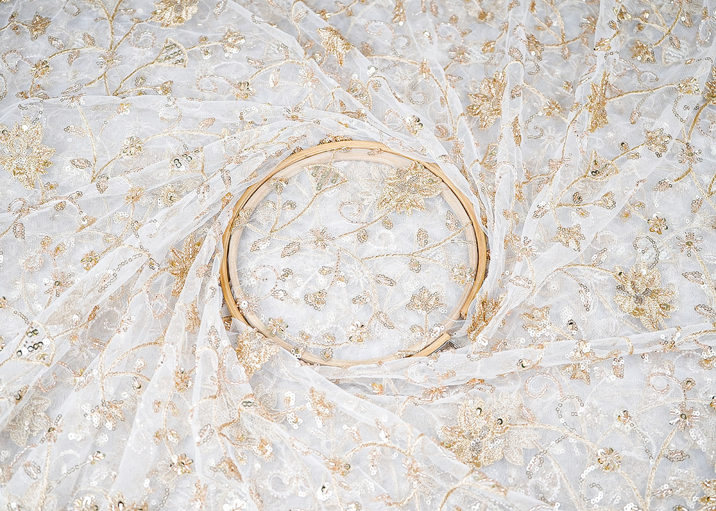 White Dyeable Net Fabric With All Over Sequins, Thread And Katdana Work 21446