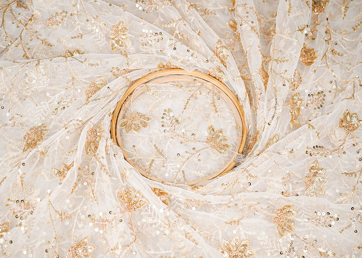 White Dyeable Net Fabric With All Over Sequins, Thread And Katdana Work 21447