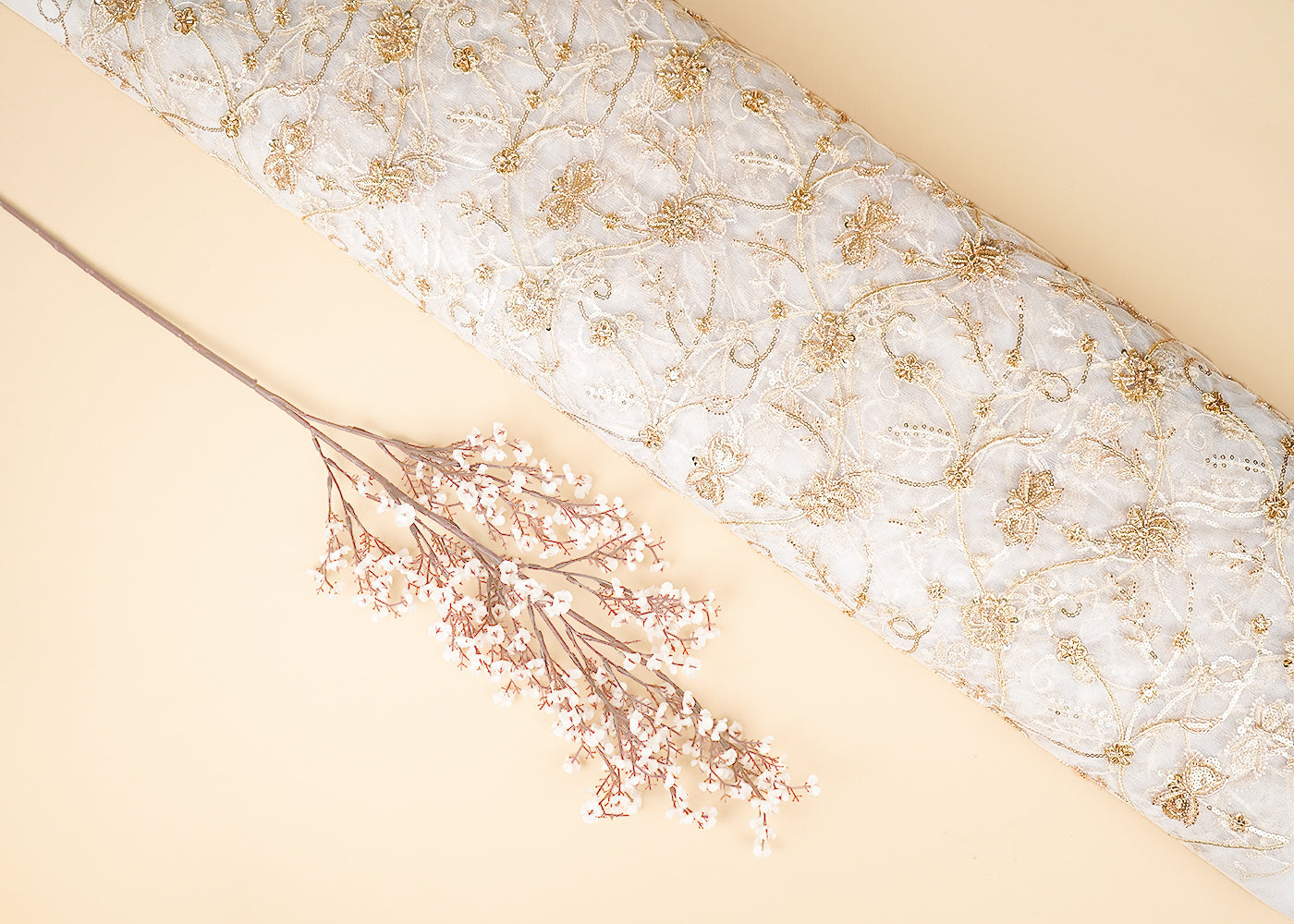 White Dyeable Net Fabric With All Over Sequins, Thread And Katdana Work 21448