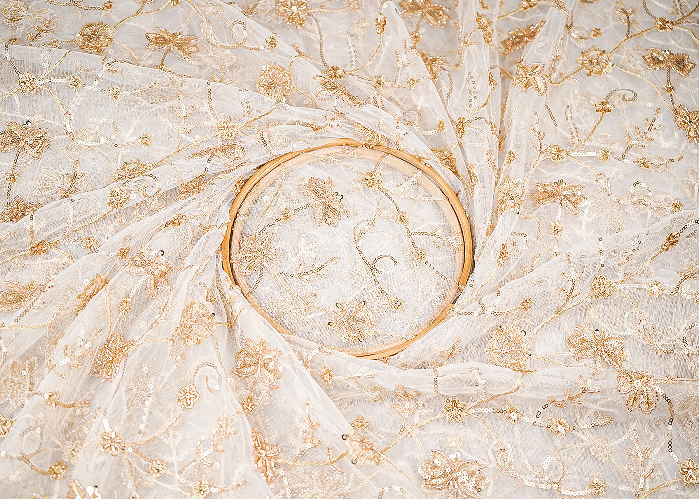 White Dyeable Net Fabric With All Over Sequins, Thread And Katdana Work 21448