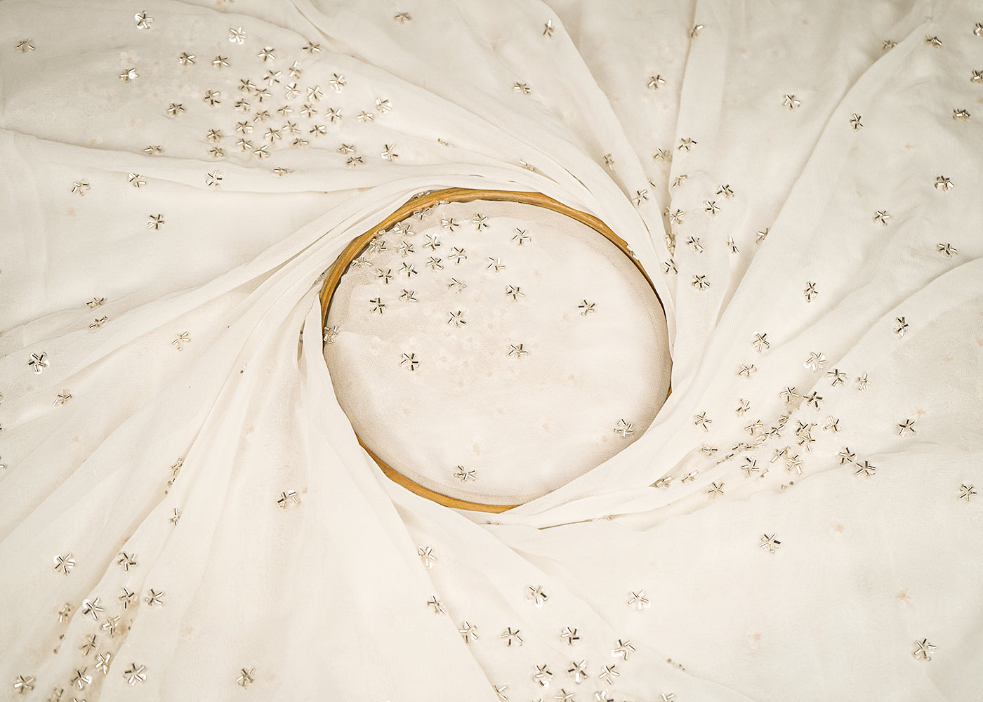 White Dyeable Georgette Fabric With All Over Sequins And Katdana Work 21449