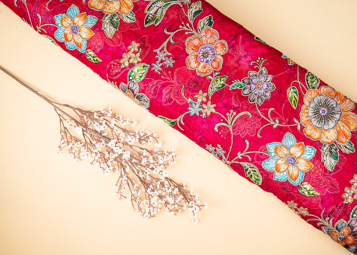 Pink Organza Fabric With All Over Traditional Print And Zari, Sequins Work 21451