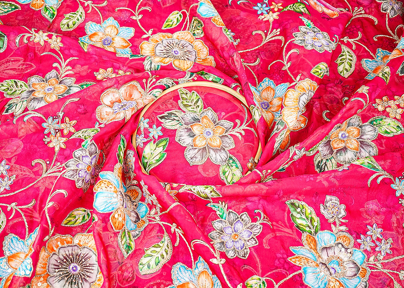 Pink Organza Fabric With All Over Traditional Print And Zari, Sequins Work 21451