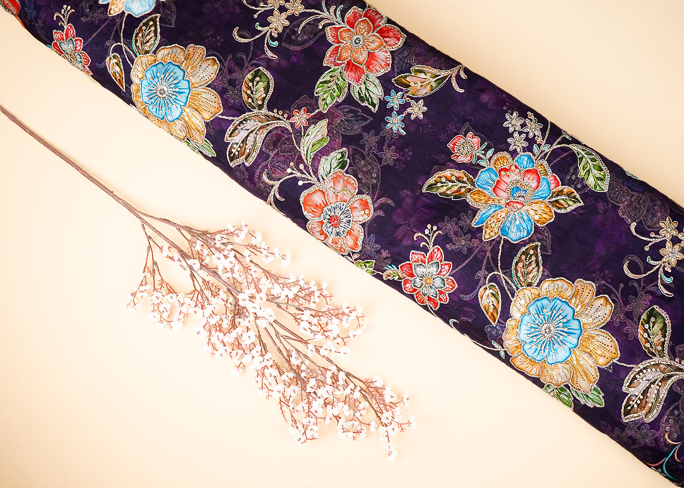 Purple Organza Fabric With All Over Traditional Print And Zari, Sequins Work 21452