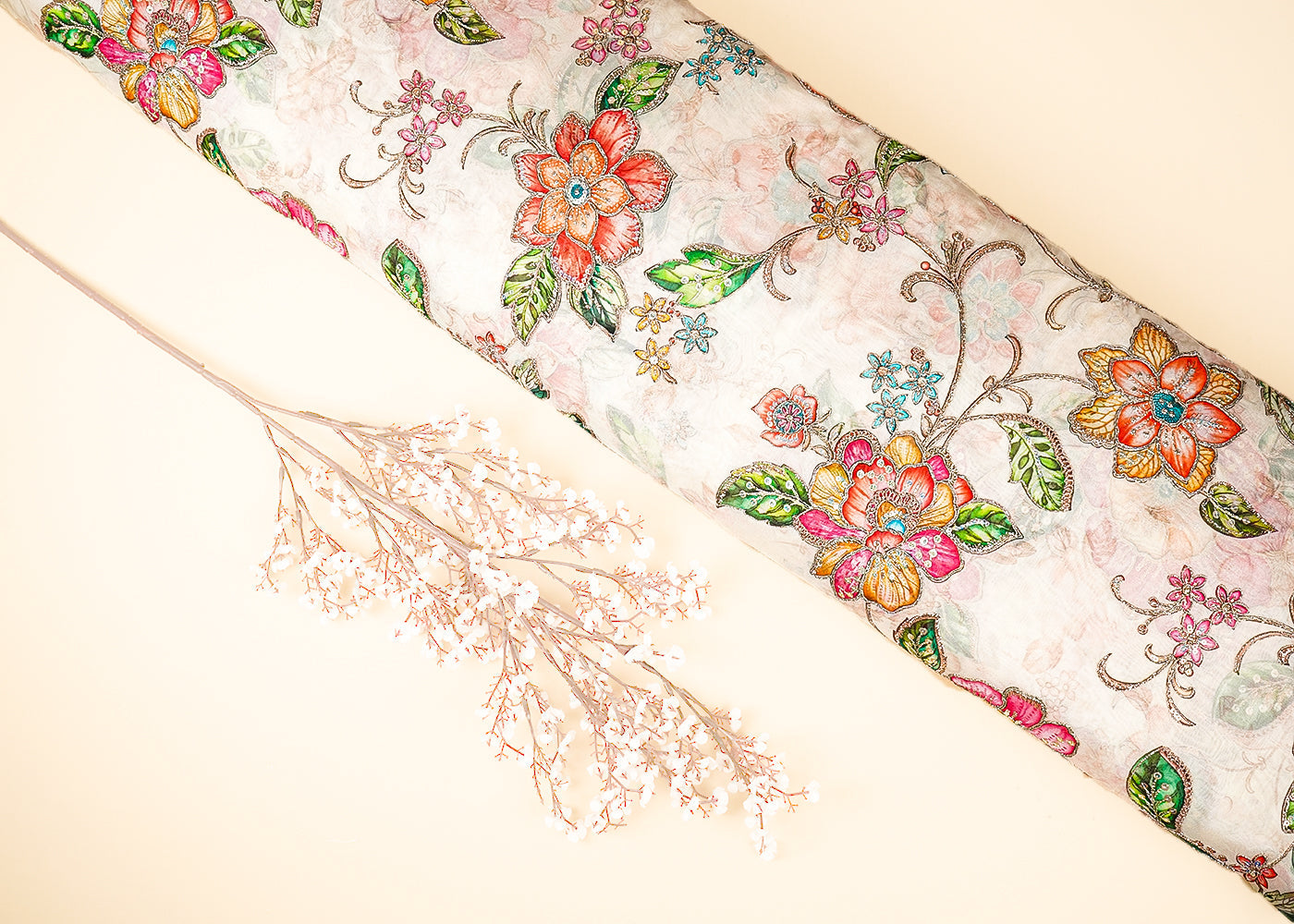 Cream Organza Fabric With All Over Traditional Print And Zari, Sequins Work 21454