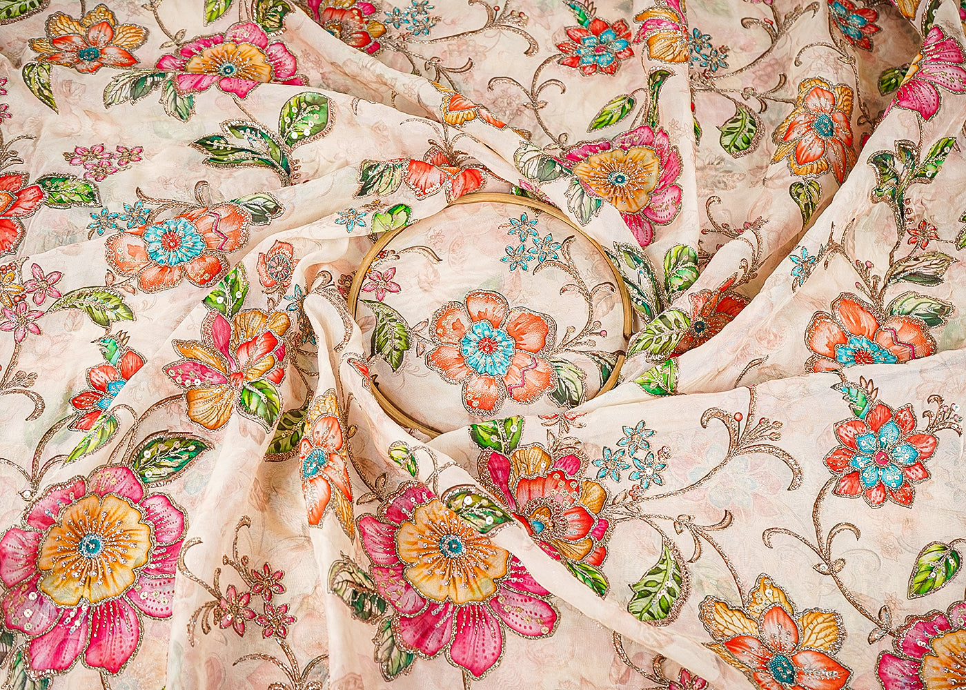 Cream Organza Fabric With All Over Traditional Print And Zari, Sequins Work 21454