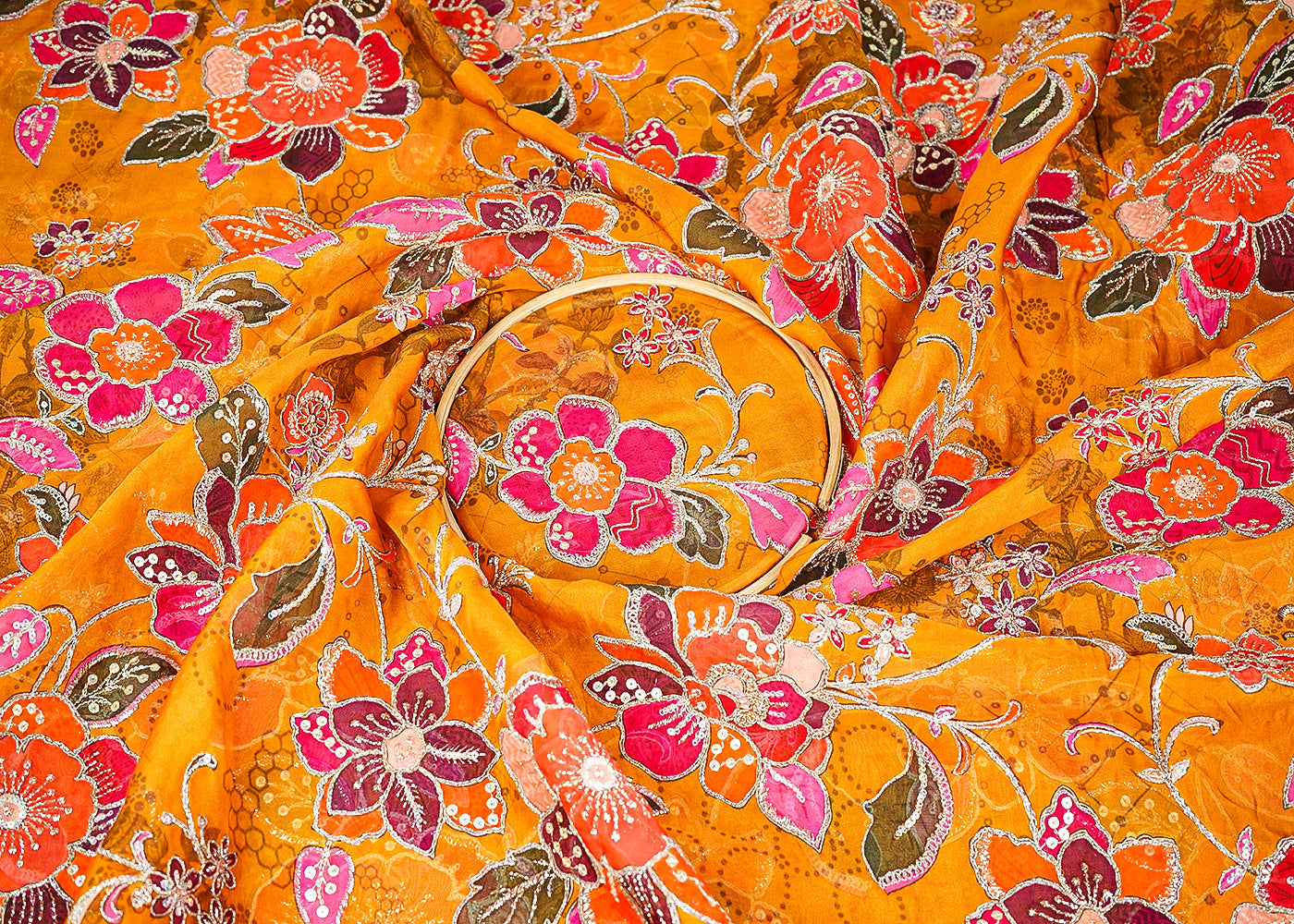Mustard Organza Fabric With All Over Traditional Print And Zari, Sequins Work 21455