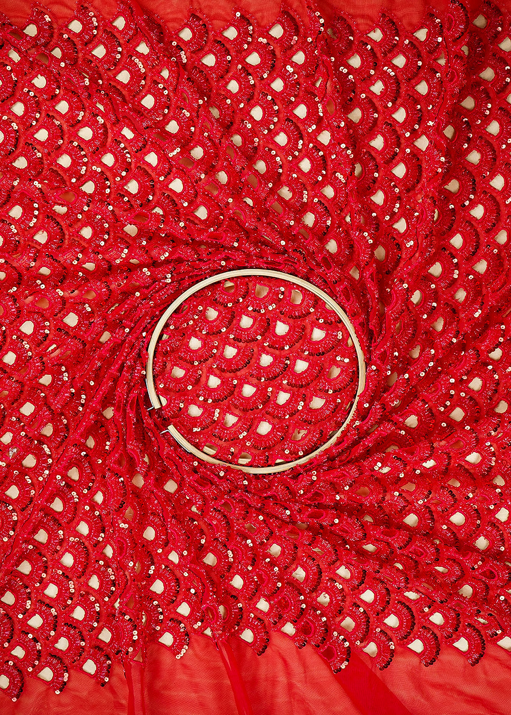 Kanika Mann Inspired Edition | Red Embroidered Net Unstitched Fabric 21456