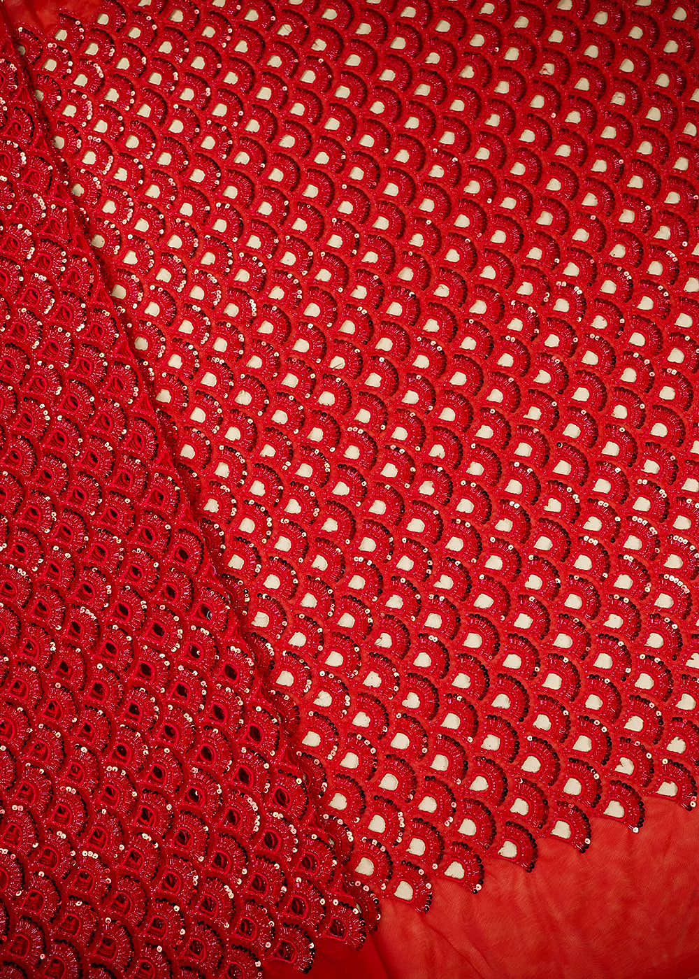 Kanika Mann Inspired Edition | Red Embroidered Net Unstitched Fabric 21456