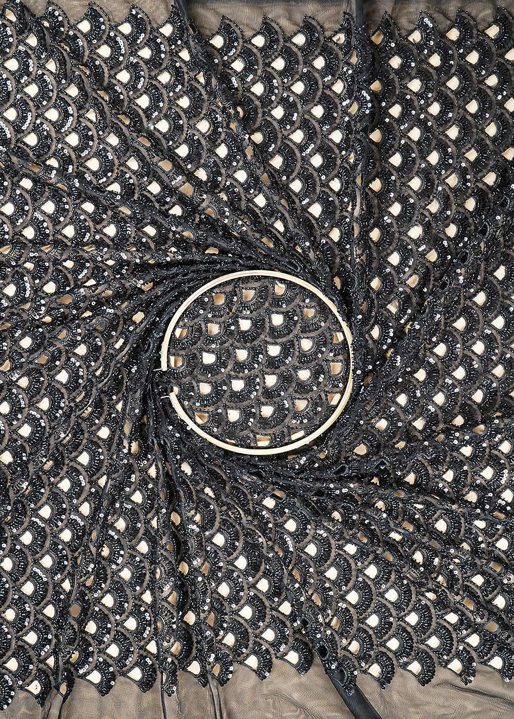 Black Imported Net Fabric With All Over Sequins, Katdana, Beads And CutWork 21457