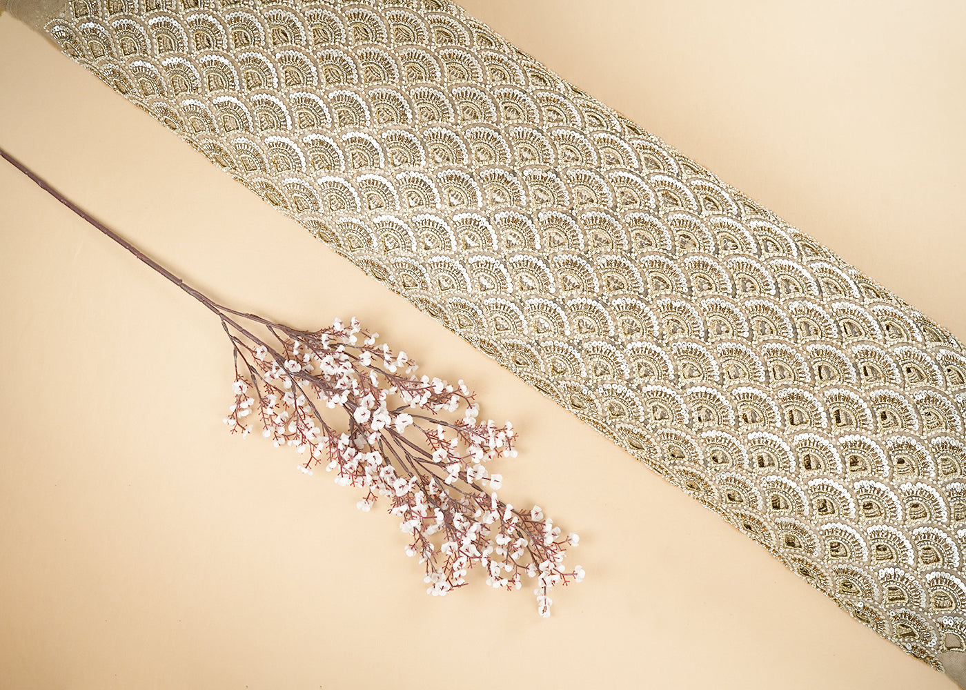 Golden Imported Net Fabric With All Over Sequins, Katdana, Bead And CutWork 21458