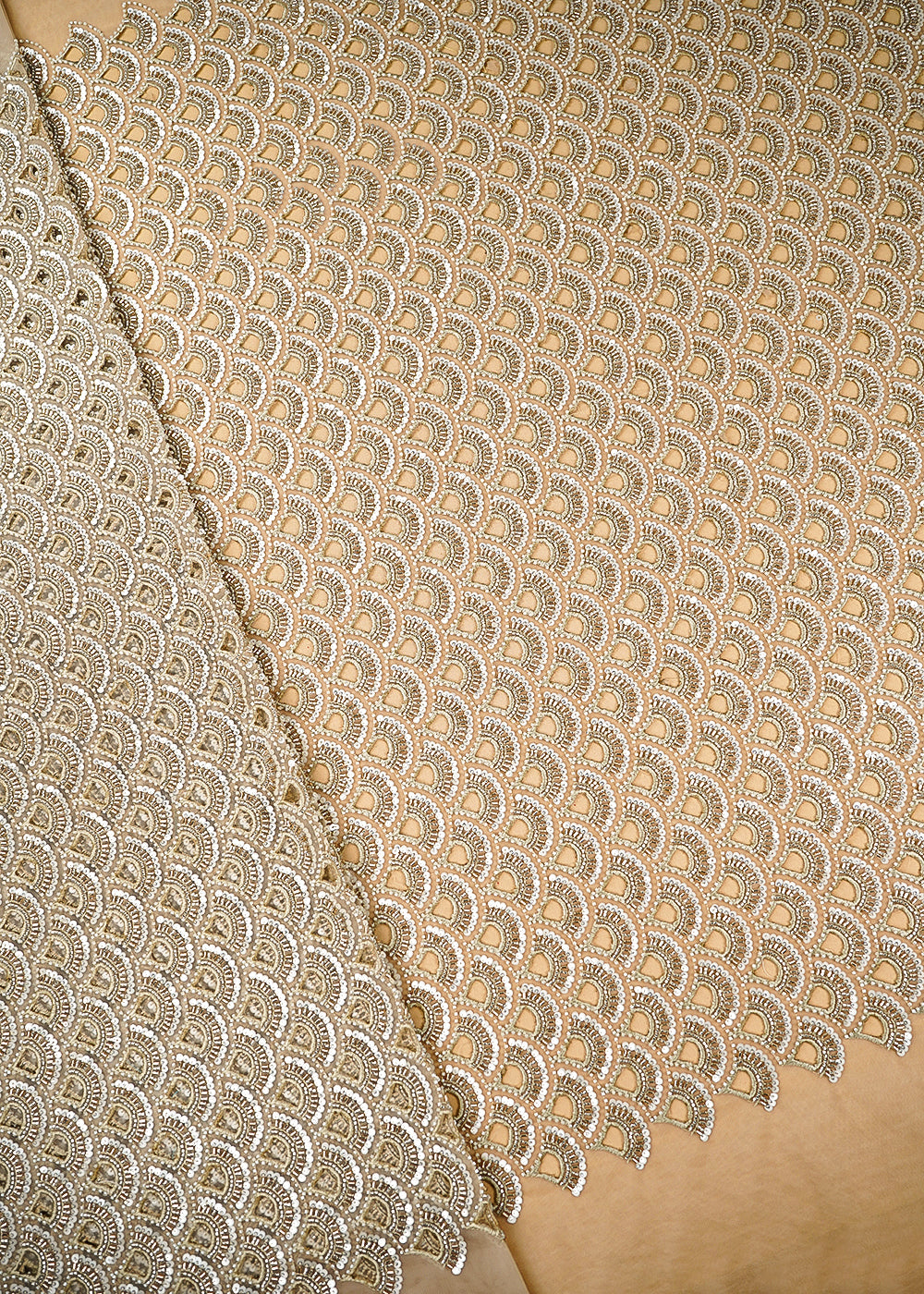 Golden Imported Net Fabric With All Over Sequins, Katdana, Bead And CutWork 21458