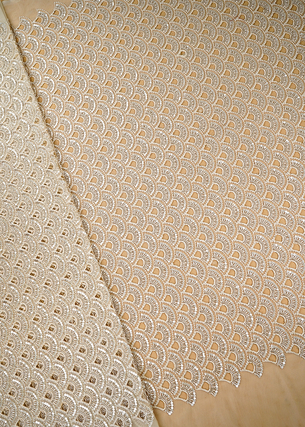 Cream Imported Net Fabric With All Over Sequins, Katdana, Beads And CutWork 21459