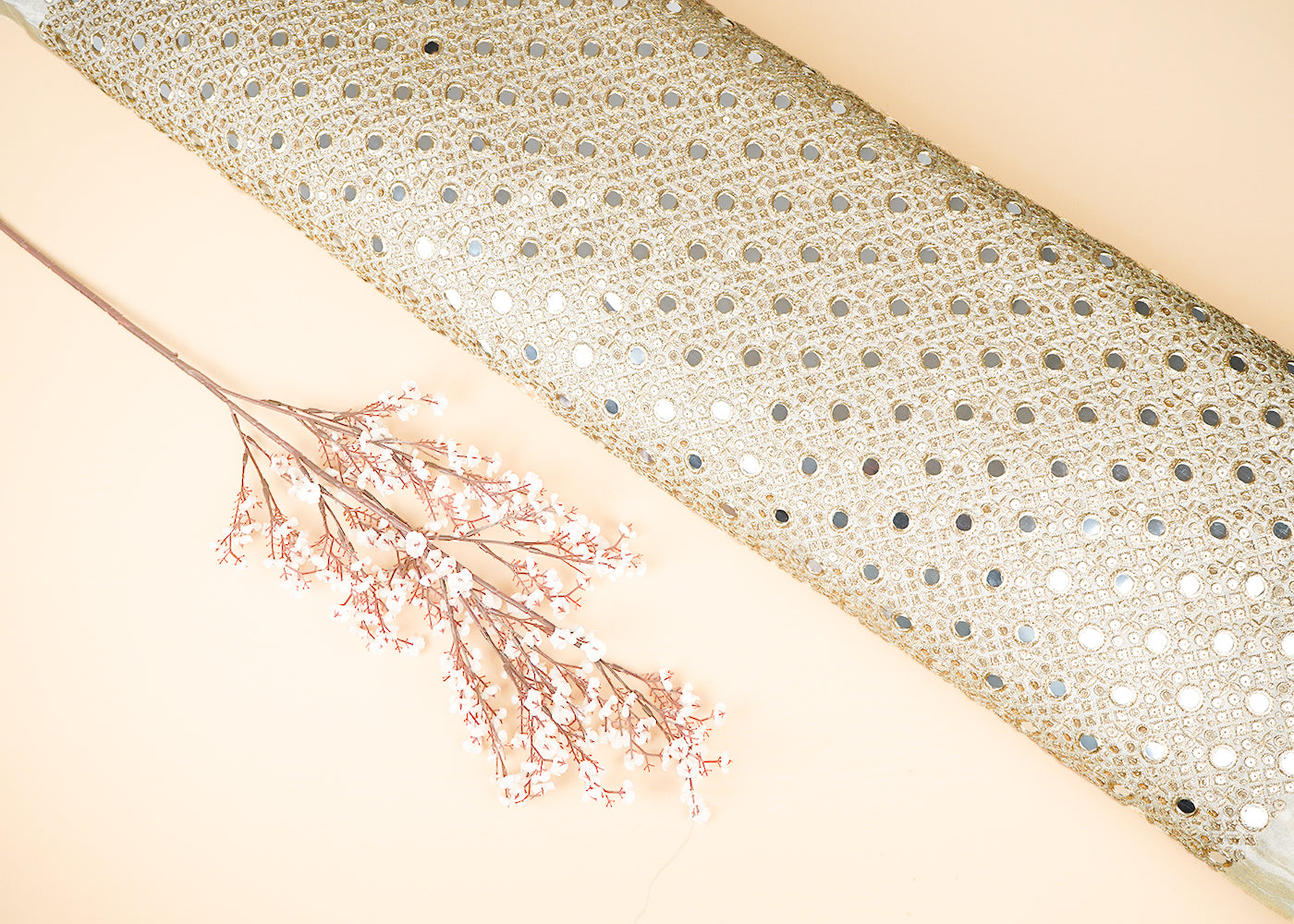 Golden Dyeable Tissue Fabric With All Over Zari, Sequins And Faux Mirror Work 21463