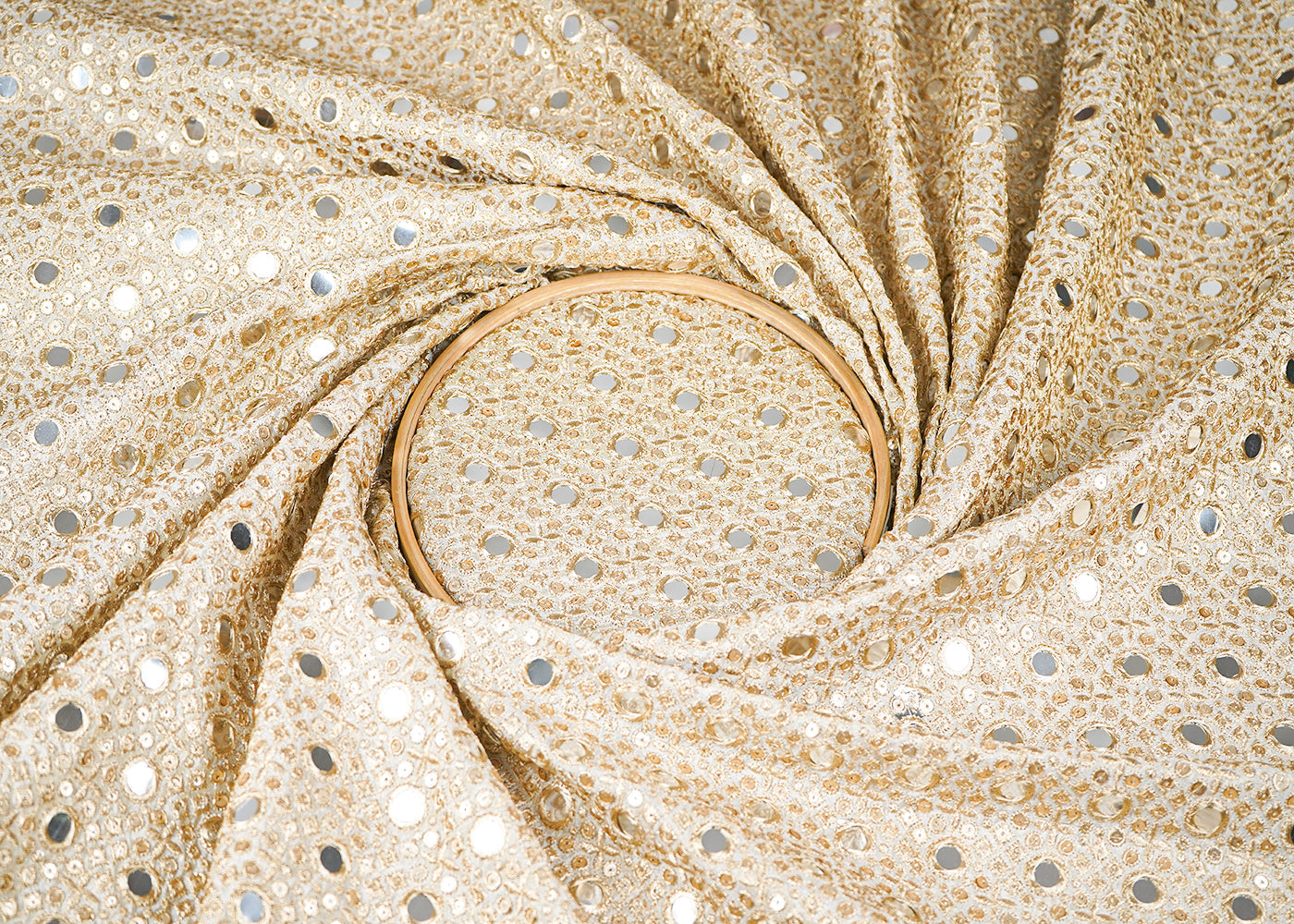 Golden Dyeable Tissue Fabric With All Over Zari, Sequins And Faux Mirror Work 21463