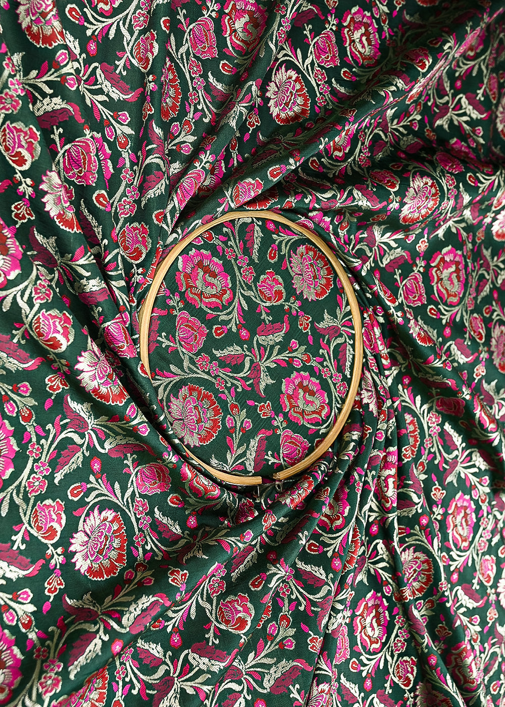 Dark-Green-Banarasi-Brocade-Fabric-With-All-Over-Thread-And-Zari-Handloom-21466-close-view