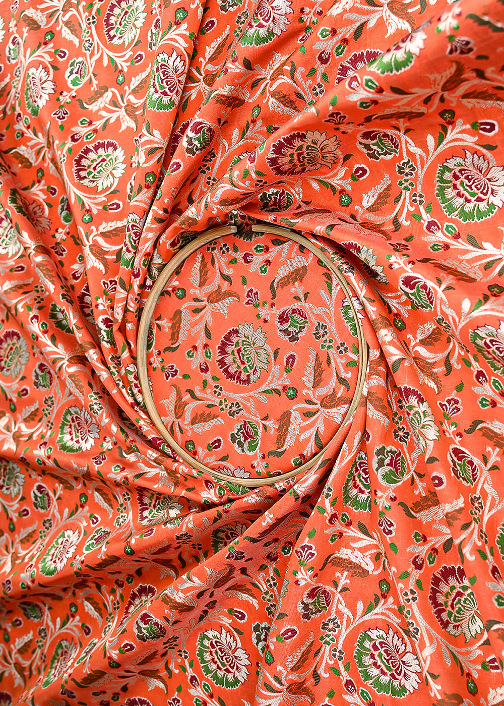 Orange-Banarasi-Brocade-Fabric-With-All-Over-Thread-And-Zari-Handloom-21467-close-view