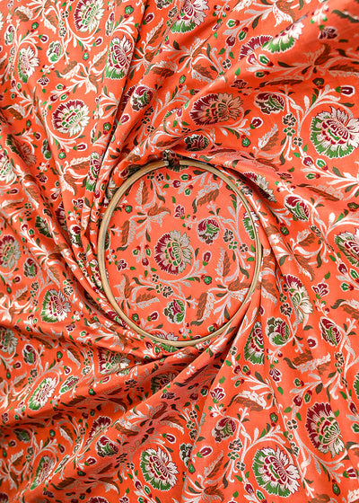 Orange Banarasi Brocade Fabric With All Over Thread And Zari Handloom 21467