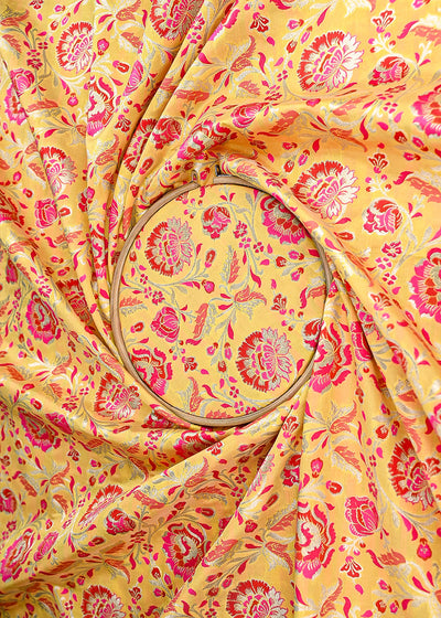 Yellow Banarasi Brocade Fabric With All Over Thread And Zari Handloom 21468